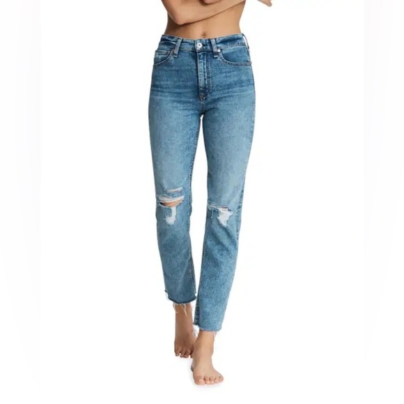 Rag & Bone Nina High Rise Ankle Cigarette Jeans Sz 28 Knee Rip Distress - Picture 1 of 9